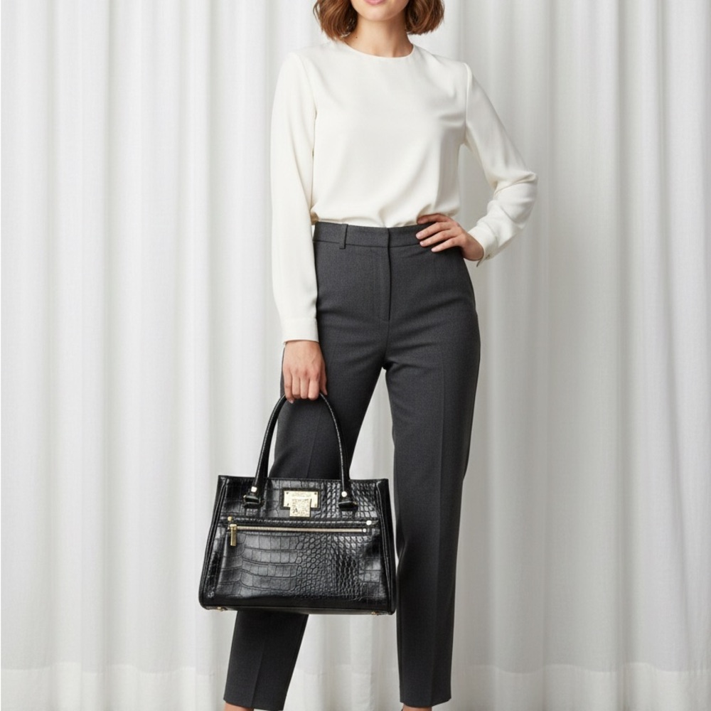 Anne Klein Black Croc Embossed Leather Satchel - NWT/Excellent